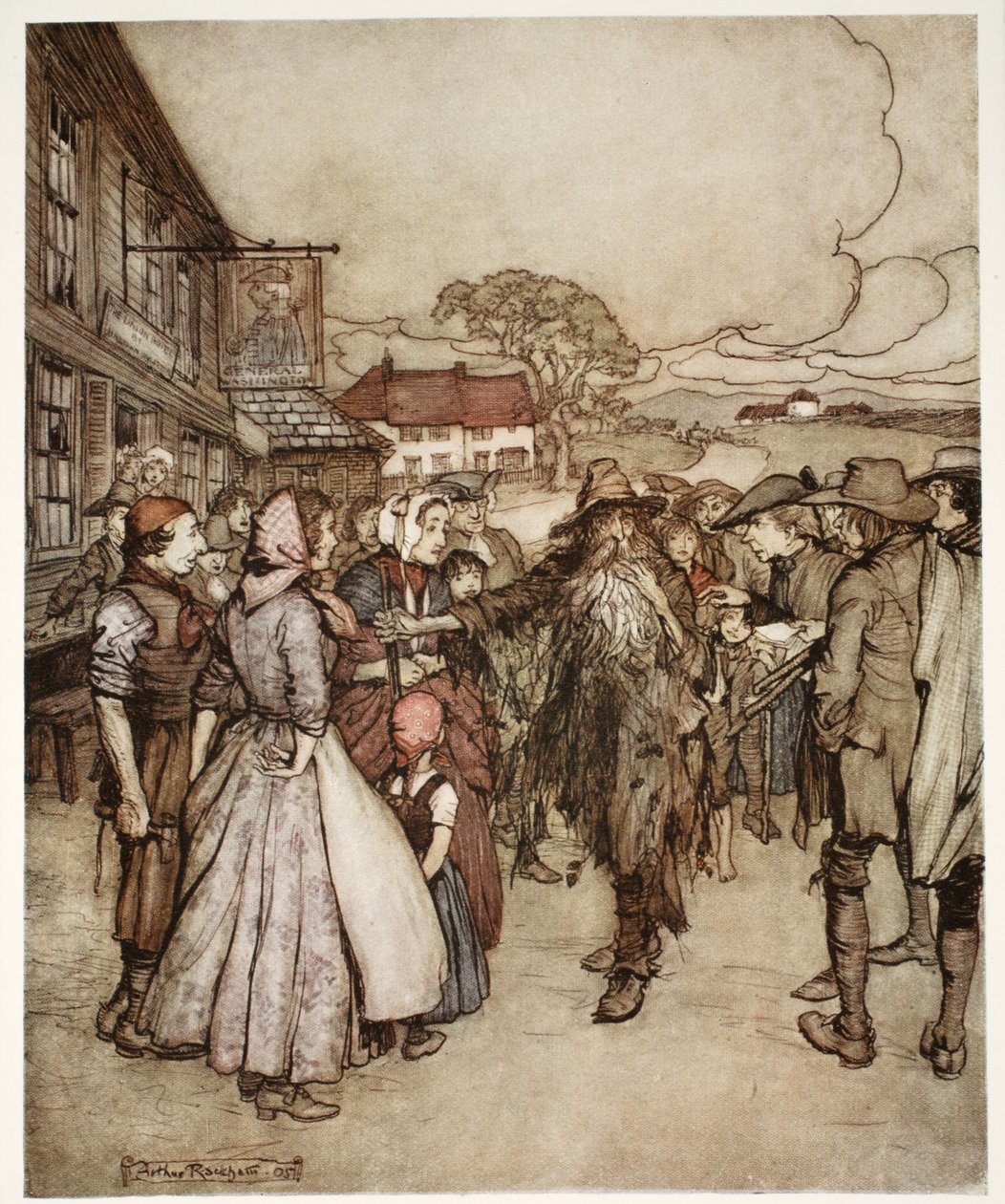 De trängdes runt honom och tittade på mig från topp till fot med stor nyfikenhet., från Rip Van Winkle av Washington Irving, pub. 1910 av Arthur Rackham
