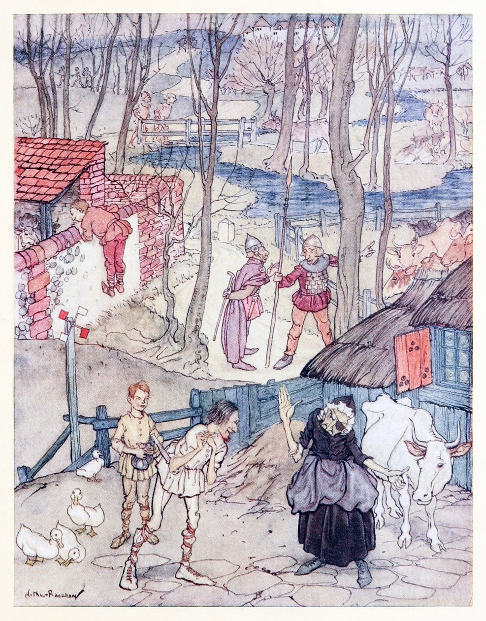 De erbjöd en ko för varje ben på hennes ko, men hon skulle inte acceptera det erbjudandet om inte Fiachna gick i borgen för betalningen. från Mongans Frenzy in Irish Fairy Tales av Arthur Rackham