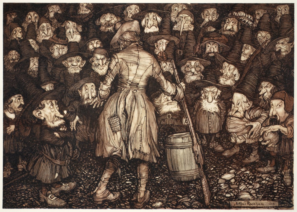 De stirrade på honom med en sådan fixerad, statyliknande blick att hans hjärta vände sig inom honom och hans knän slog ihop., från Rip Van Winkle av Washington Irving, pub. 1910 av Arthur Rackham