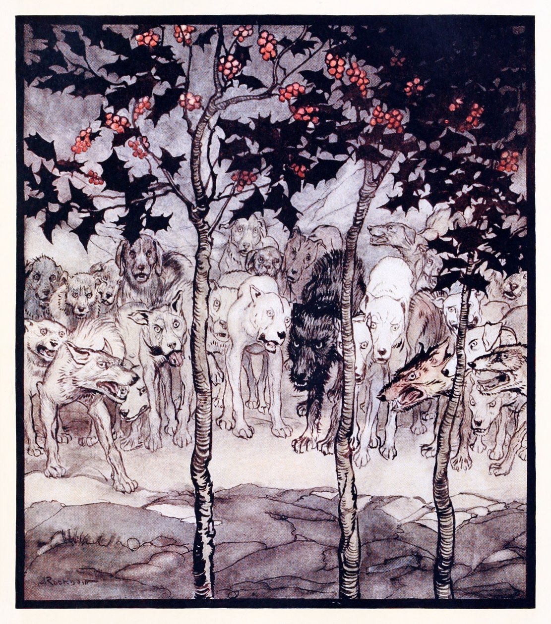De stod utanför, fyllda av vildhet och skräck. från The Enchanted Cave of Cesh Corran i irländska sagor av Arthur Rackham