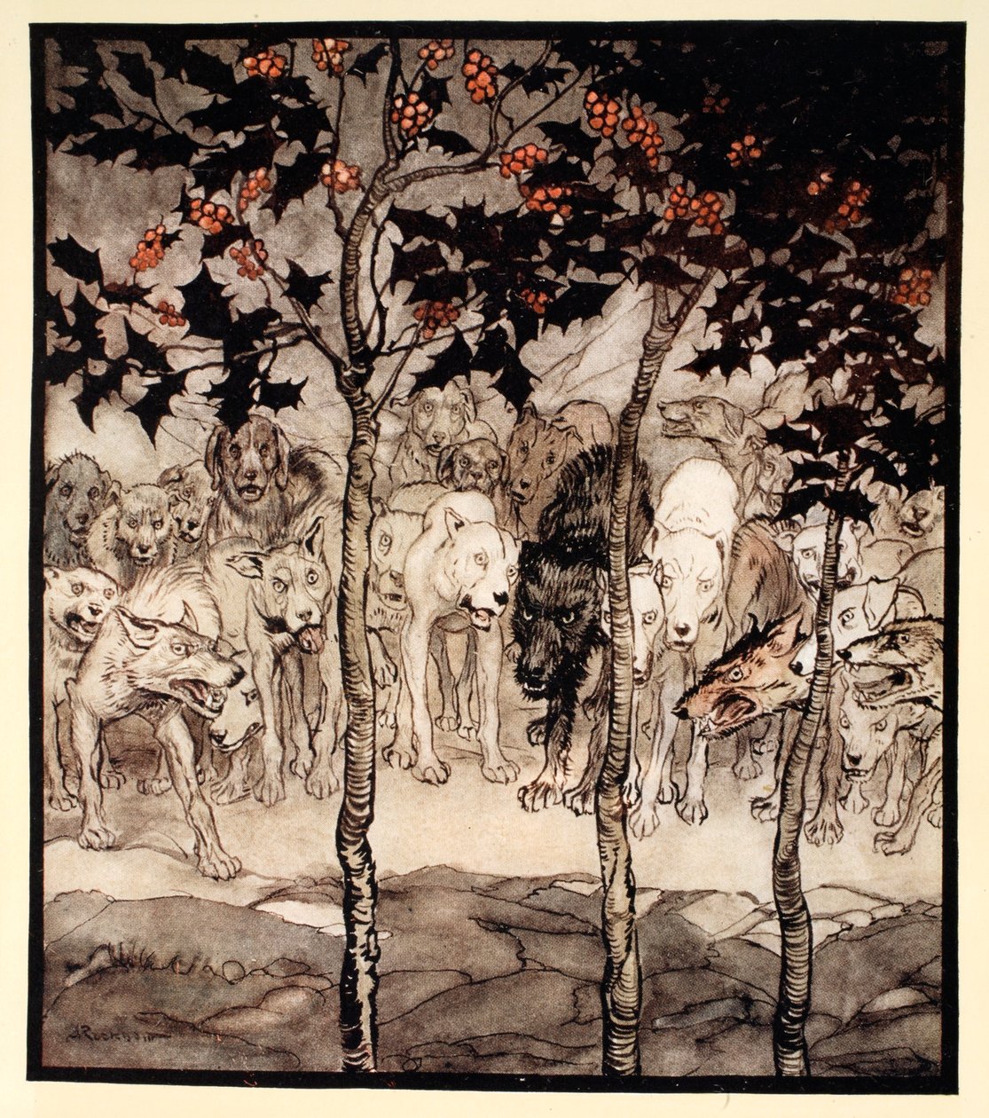 De stod utanför, fyllda av vildhet och skräck, illustration från "Irish Fairy Tales" av James Stephens av Arthur Rackham