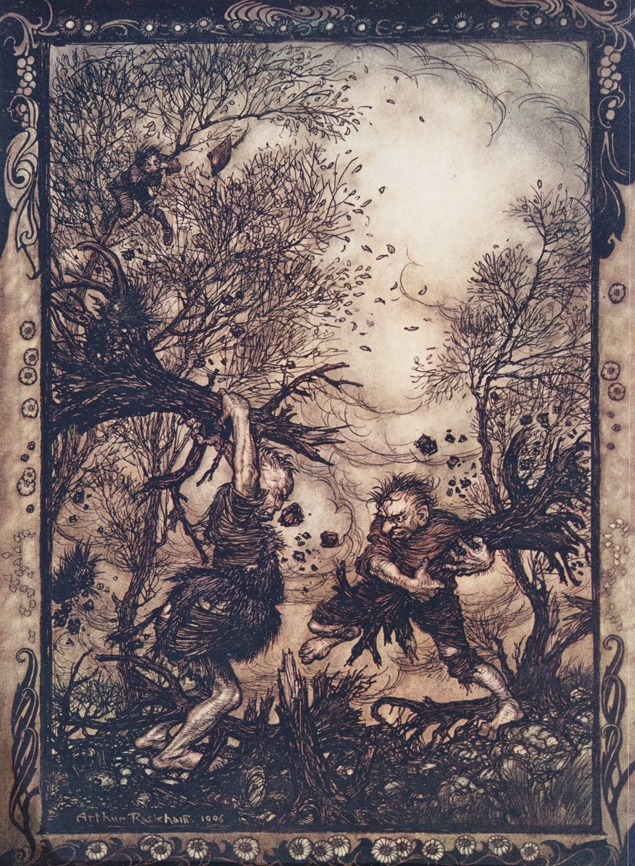 De blev så rasande att de slet upp träd med rötterna och hackade på varandra tills de båda föll döda, från The Fairy Tales of the Brothers Grimm, pub. 1909 av Arthur Rackham