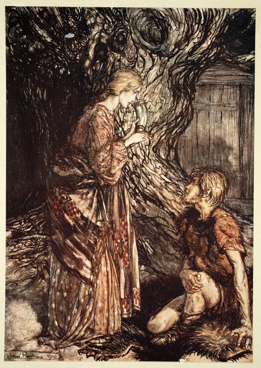 "Denna helande och honungiga drag av Mead är värda att acceptera från mig", 1910. av Arthur Rackham