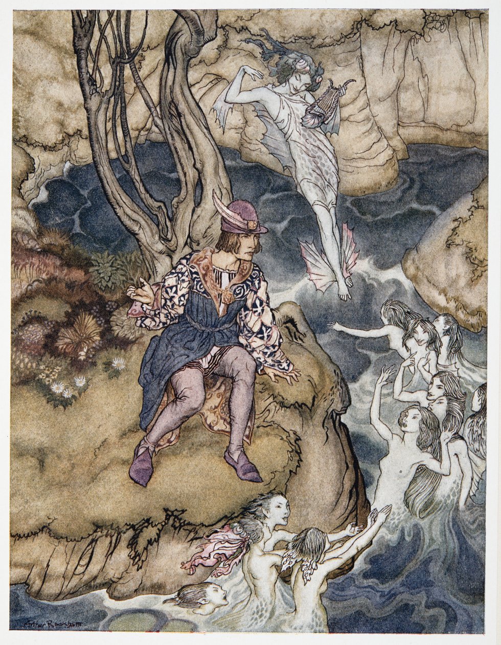 Denna musik smög sig förbi be upon the waters, illustration från William Shakespeares The Tempest, pub. 1926 av Arthur Rackham