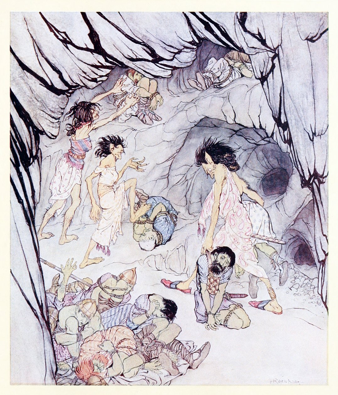 Den här är tjock, sa Cullen, och hon rullade fram en skrymmande fenian som vid ratten från The Enchanted Cave of Cesh Corran i Irish Fairy Tales av Arthur Rackham