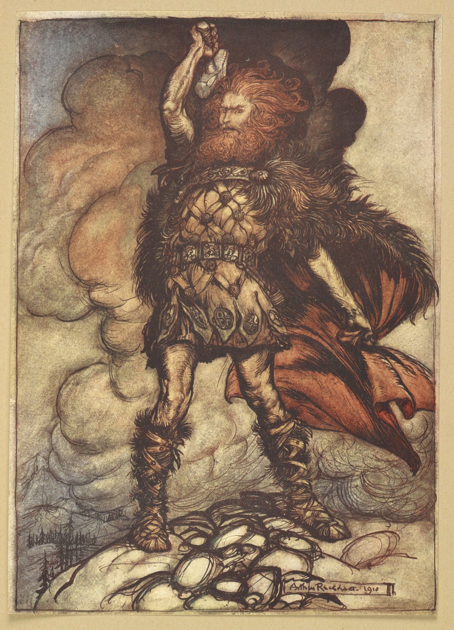 Tor höjer sin hammare. av Arthur Rackham