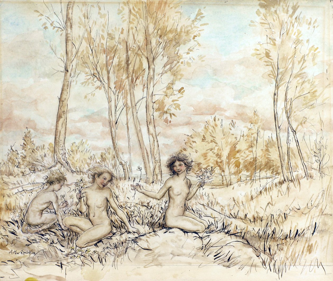 Tre tränymfer samlar blommor (penna och bläck och wc på papper) av Arthur Rackham