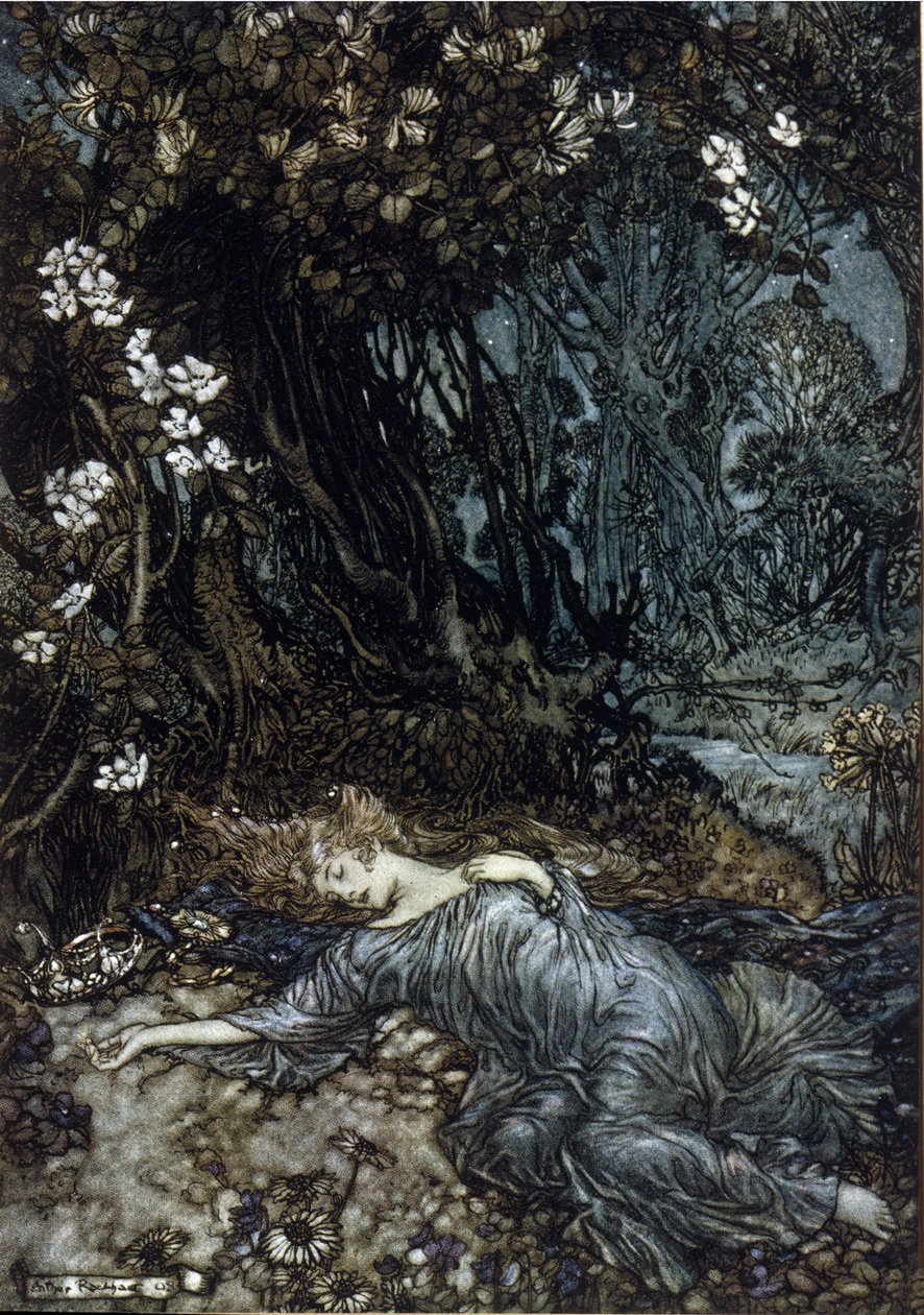 Avgifternas drottning Titania sover. Illustration av Arthur RACKHAM (1867-1939) för The Dream of a Summer Night av William SHAKESPEARE av Arthur Rackham