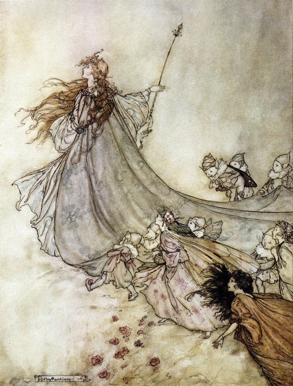 Titania avgiftens drottning. Illustration av Arthur RACKHAM (1867-1939) för The Dream of a Summer Night av William SHAKESPEARE av Arthur Rackham