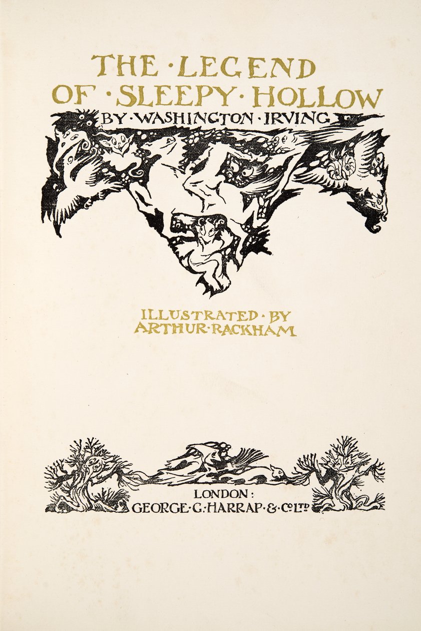 Titelsida, från The Legend of Sleepy Hollow av Washington Irving (1783 - 1859), pub. 1928 av Arthur Rackham