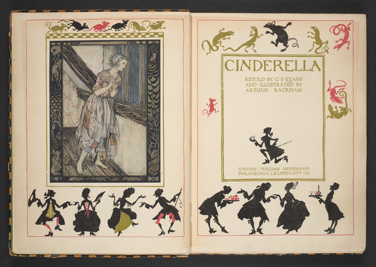 Titelsida och frontispice från Askungen, återberättad av C.S. Evans och illustrerad av Arthur Rackham av Arthur Rackham