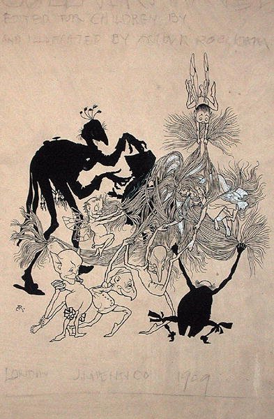 Titelsidesillustration för "The Zankiwank and the Bletherwitch", av S.J. Adair Fitzgerald, publicerad 1896 (penna och bläck på papper) av Arthur Rackham