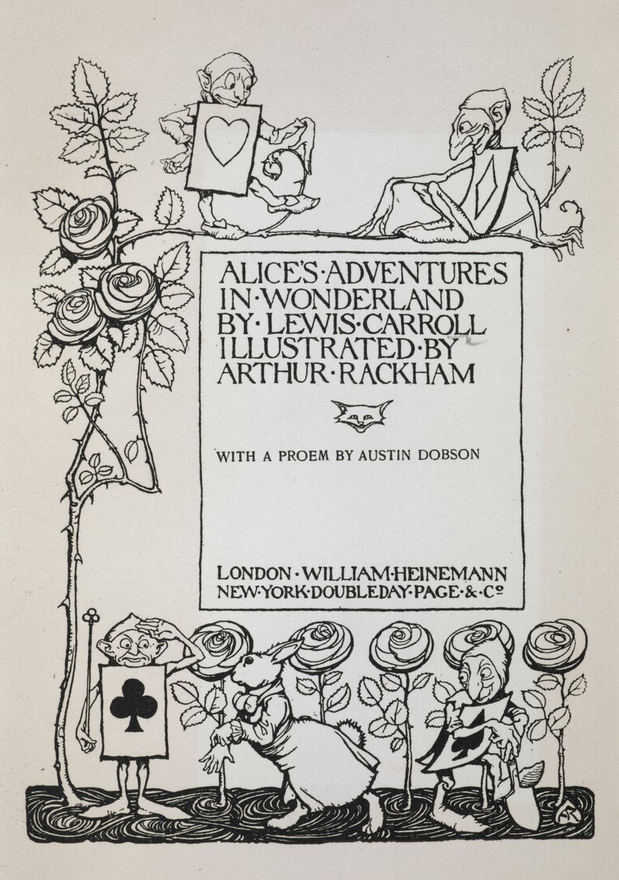 Titelsida med en rosenbuske, den vita kaninen och män klädda som kort av Arthur Rackham