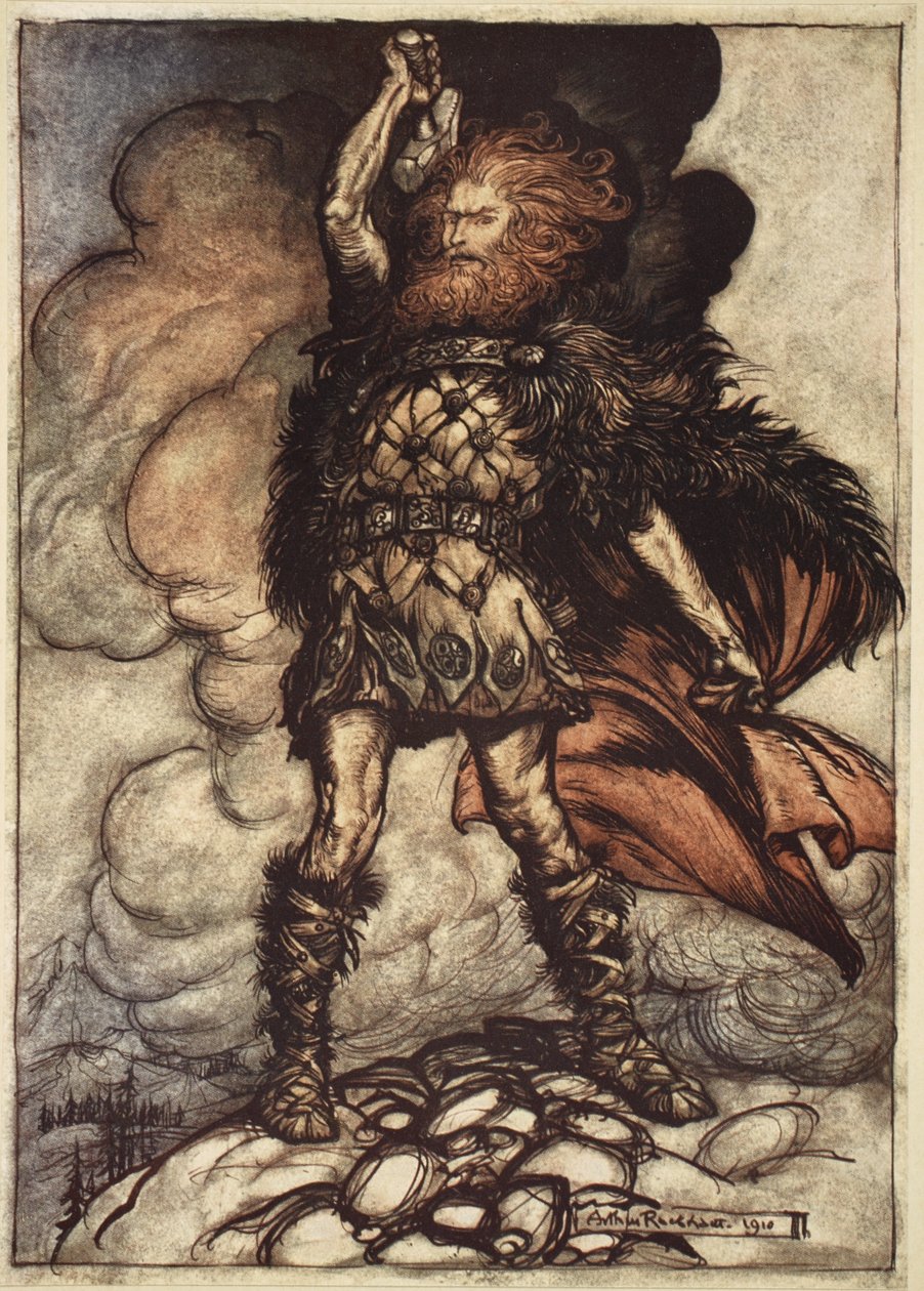 "Till min hammars sving sveper jag hitåt, till ångor och dimma! Svävande dimmor! Donner, din herre, kallar sina värdar!", illustration från "Rhinegold och valkyrian", 1910. av Arthur Rackham