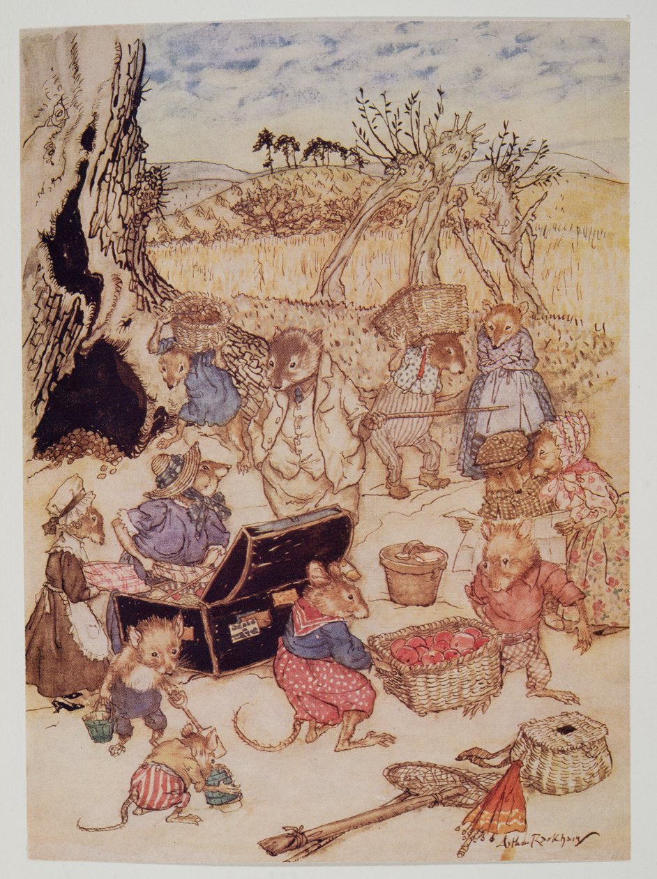 Men idag, även om de var civila nog, verkade åkermössen och skördemössen upptagna, från Wind in the Willows av Kenneth Grahame (1859 - 1932), pub. 1940 av Arthur Rackham
