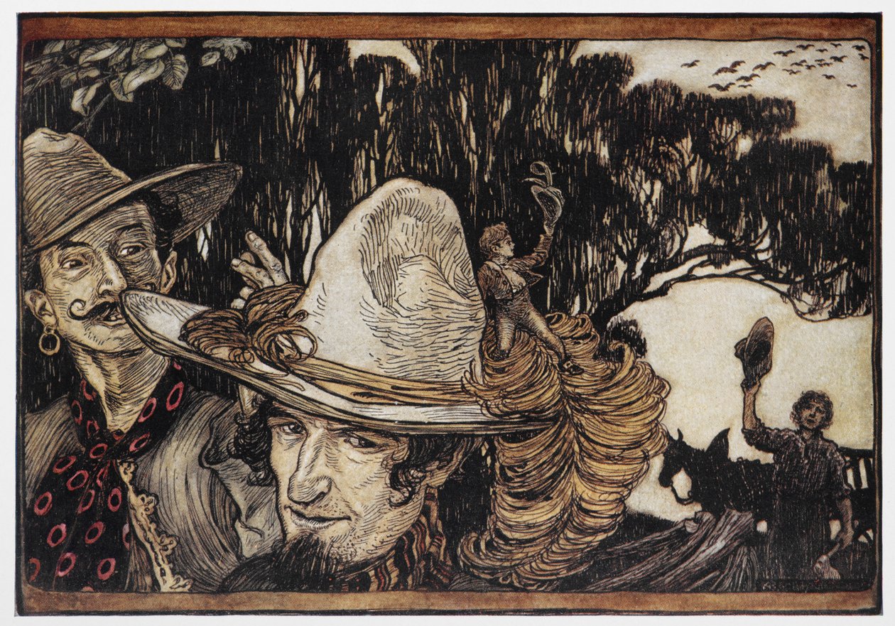 Tom Thumb sitter på kanten av en hatt. av Arthur Rackham