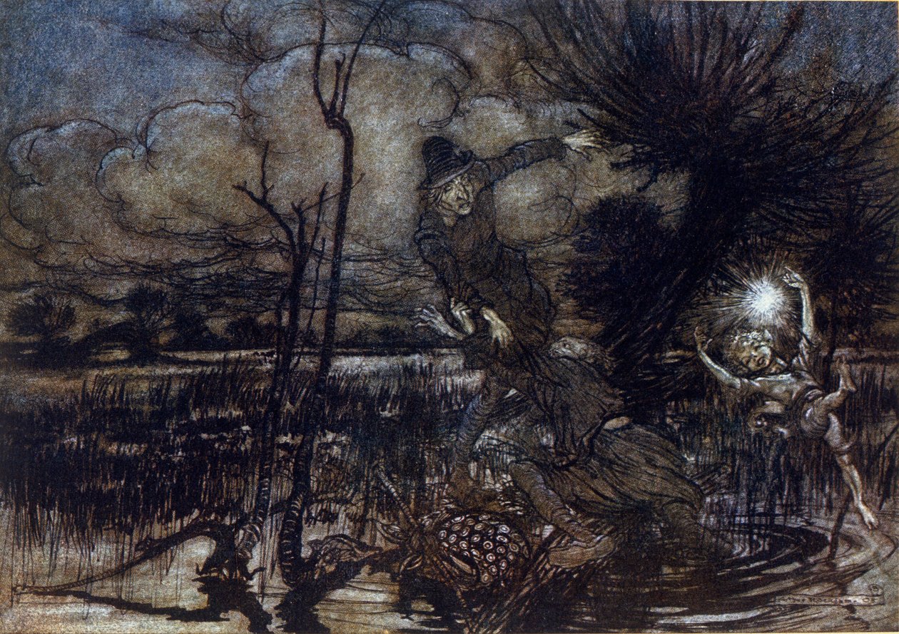 Två karaktärer misslyckas med att drunkna i träsket, Puck hjälper dem med en brand. Illustration av Arthur RACKHAM (1867-1939) för The Dream of a Summer Night av William SHAKESPEARE av Arthur Rackham