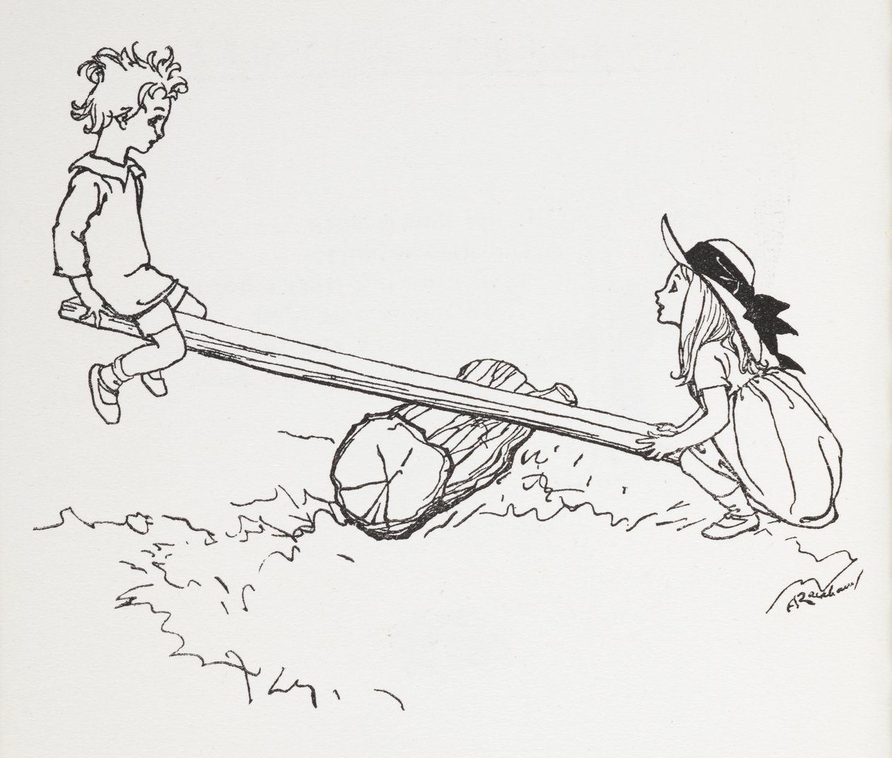 Två barn på en sågsåg. av Arthur Rackham