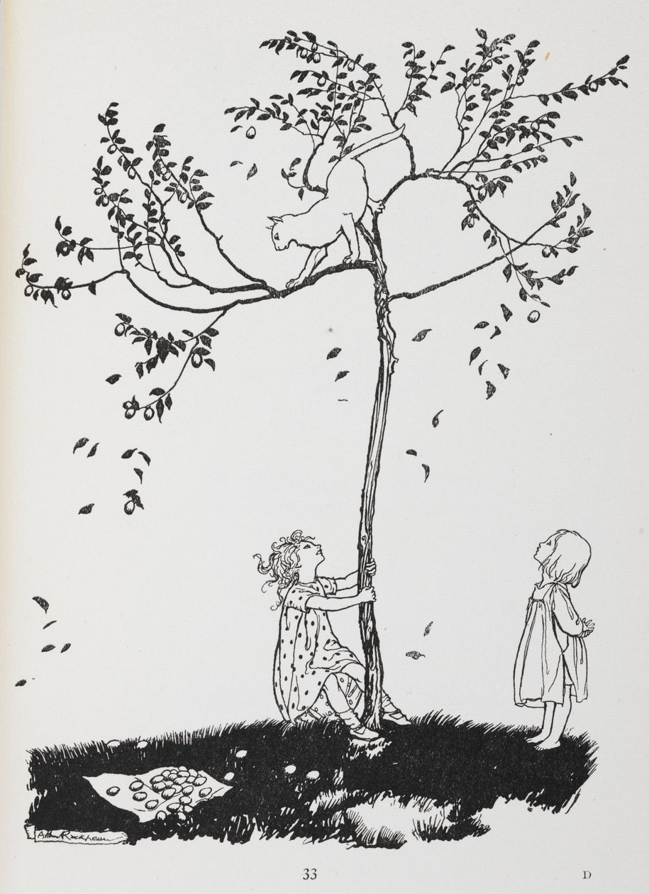 Två barn försöker få ner en katt från ett träd. av Arthur Rackham