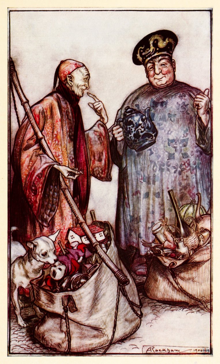 Två av dessa vismän... som köpmän bland oss (som uttrycker sig med saker de bär runt på) från del III: A Voyage to Laputa, Balnibarbi, Luggnagg, Glubbdubdrib och Japan in Gullivers Travels av Arthur Rackham
