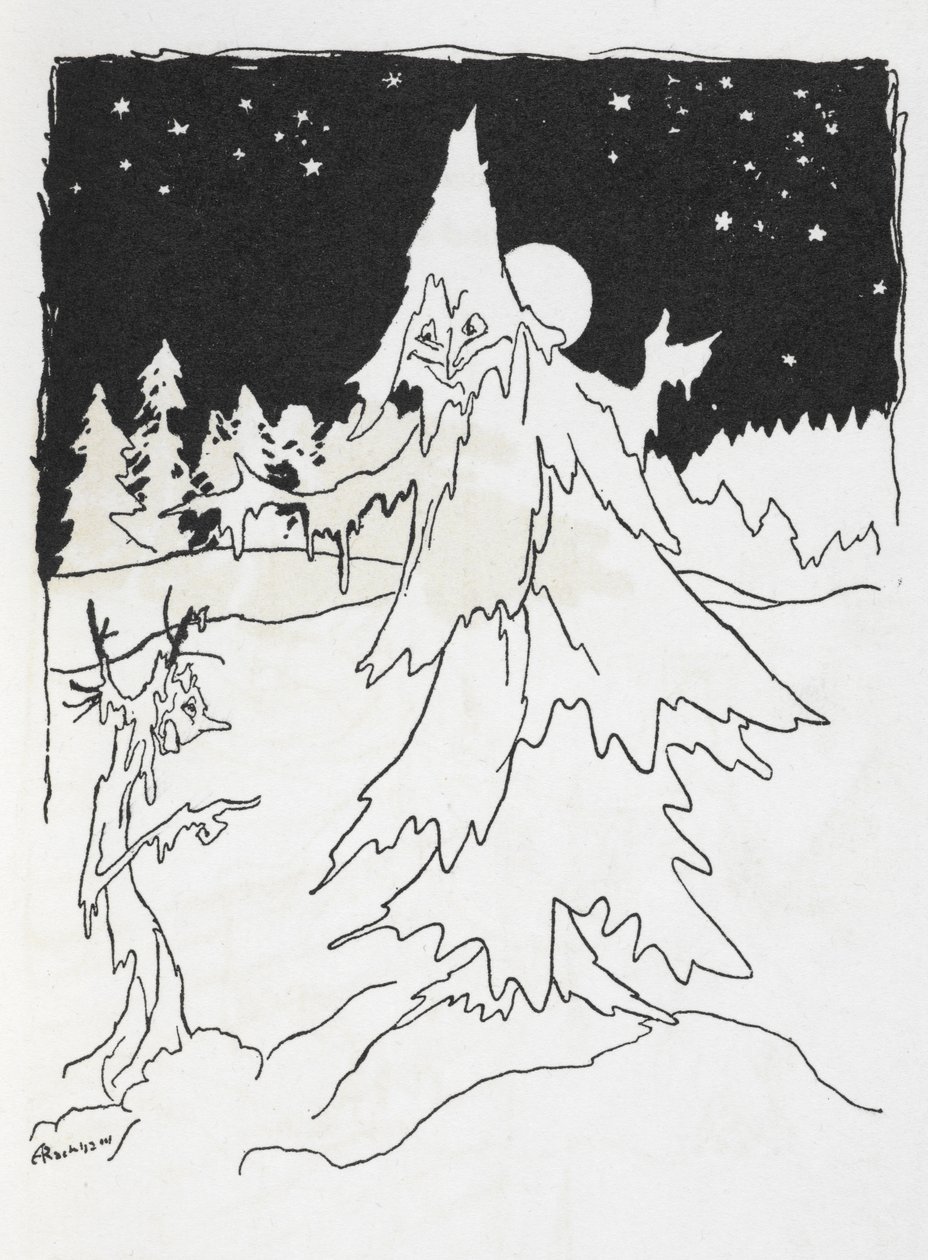 Två trädmän i en snöig skog av Arthur Rackham