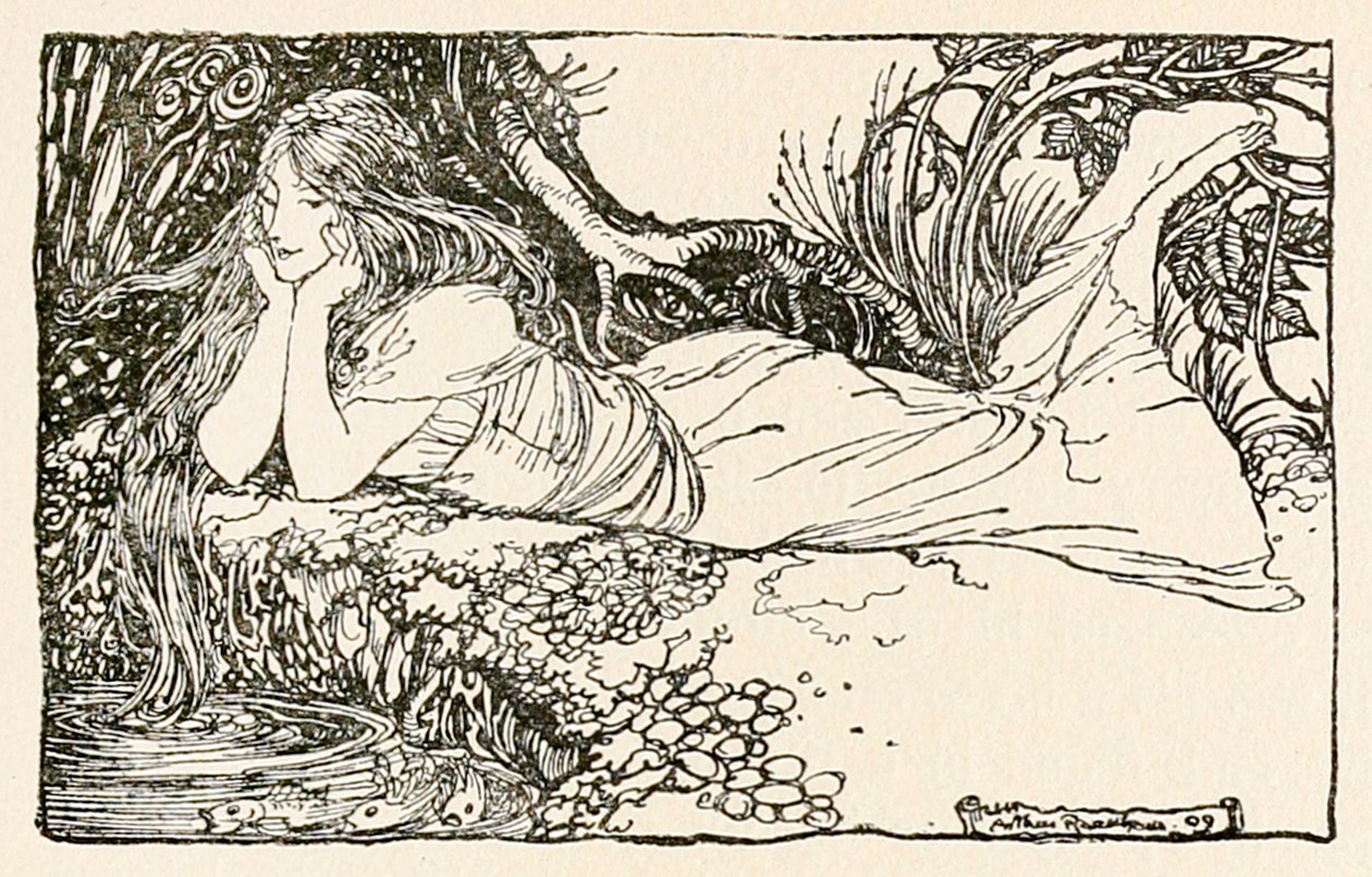 Undine tittar in i vattnet, från "Undine" av Arthur Rackham
