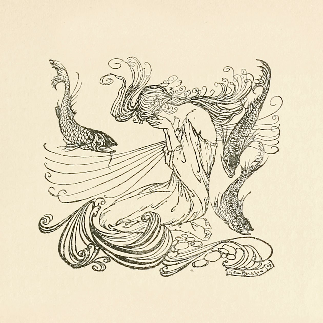 Undine stiger upp ur fontänen och gråter från "Undine" av Arthur Rackham