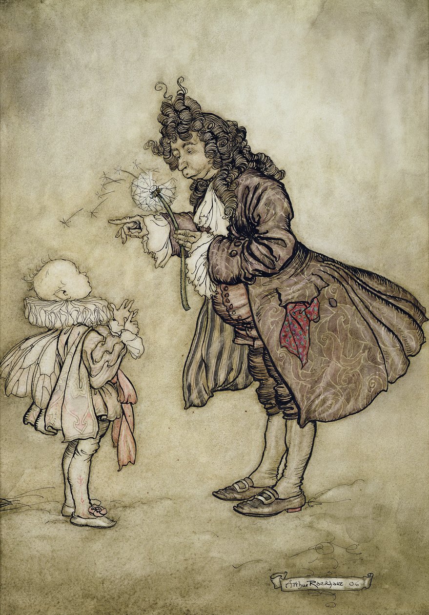 When Her Majesty Wants to Know the Time, från Peter Pan i Kensington Gardens av J.M. Barrie, pub. av Hodder och Stoughton, 1906 (penna och bläck med wc på papper) av Arthur Rackham
