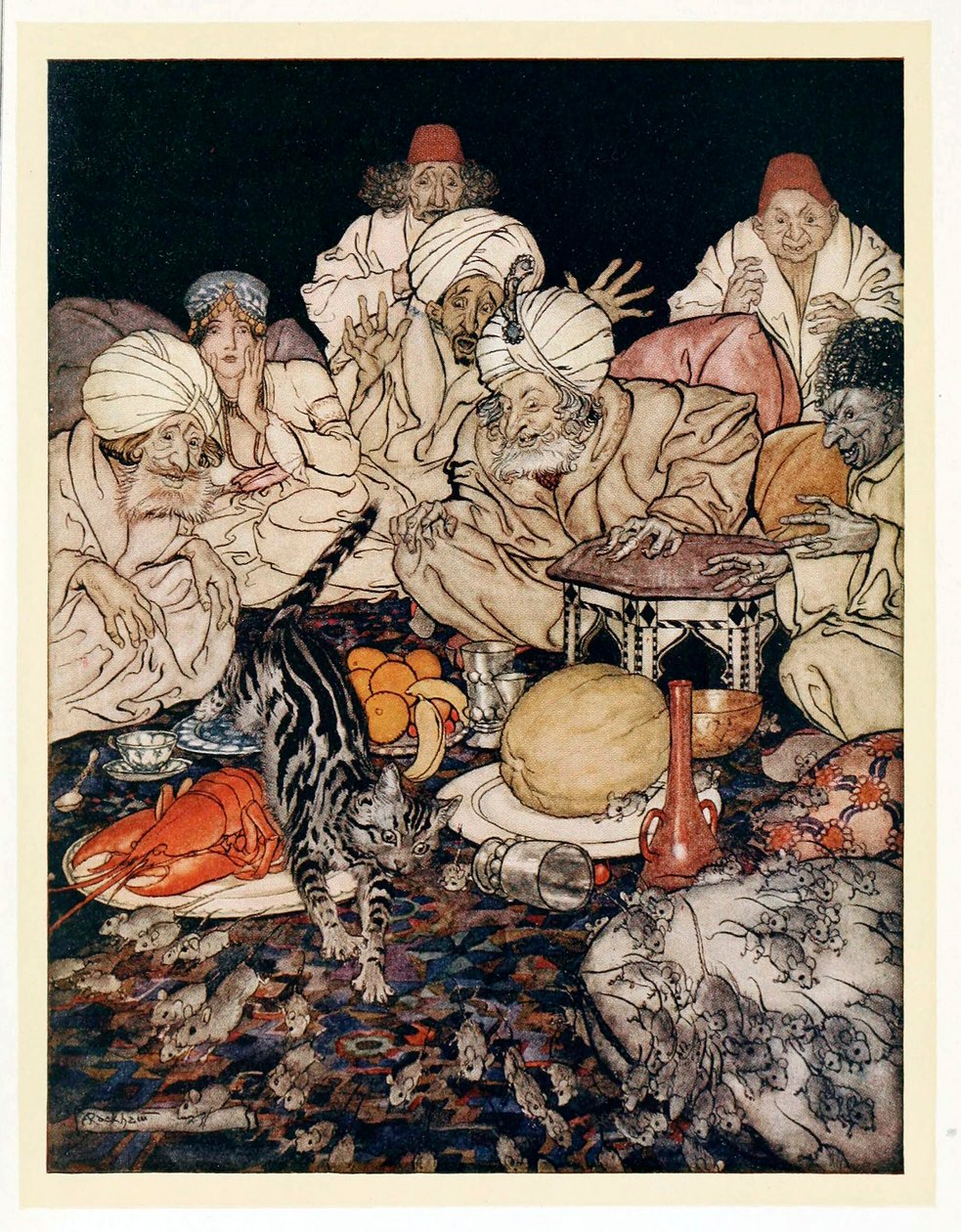 När Puss såg råttorna och mössen väntade hon inte på att få veta det, från engelska Fairy Tales, pub. 1922. av Arthur Rackham