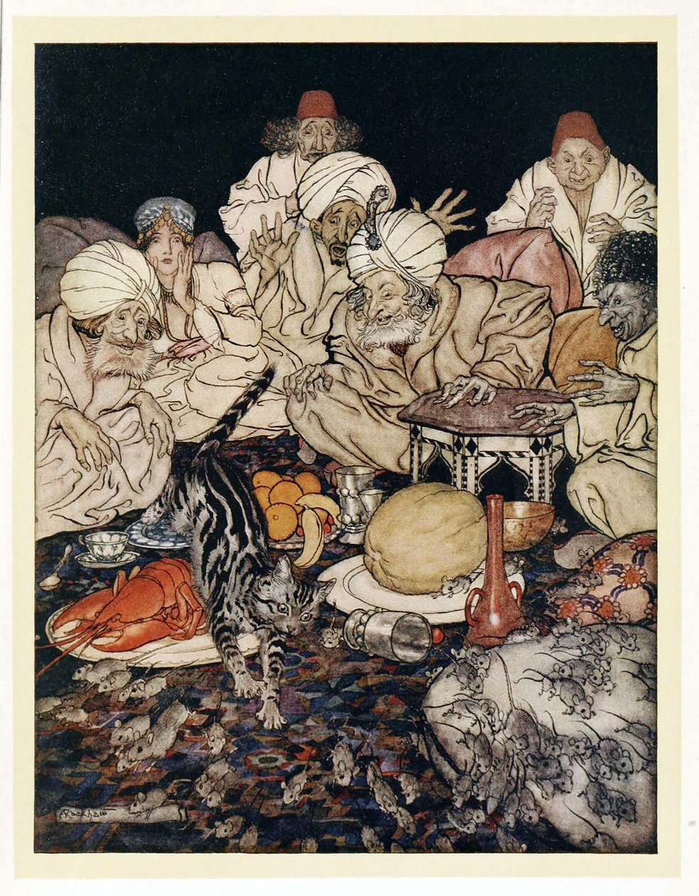 När Puss såg råttorna och mössen väntade hon inte på att få veta det från engelska Fairy Tales, puben. 1922 av Arthur Rackham