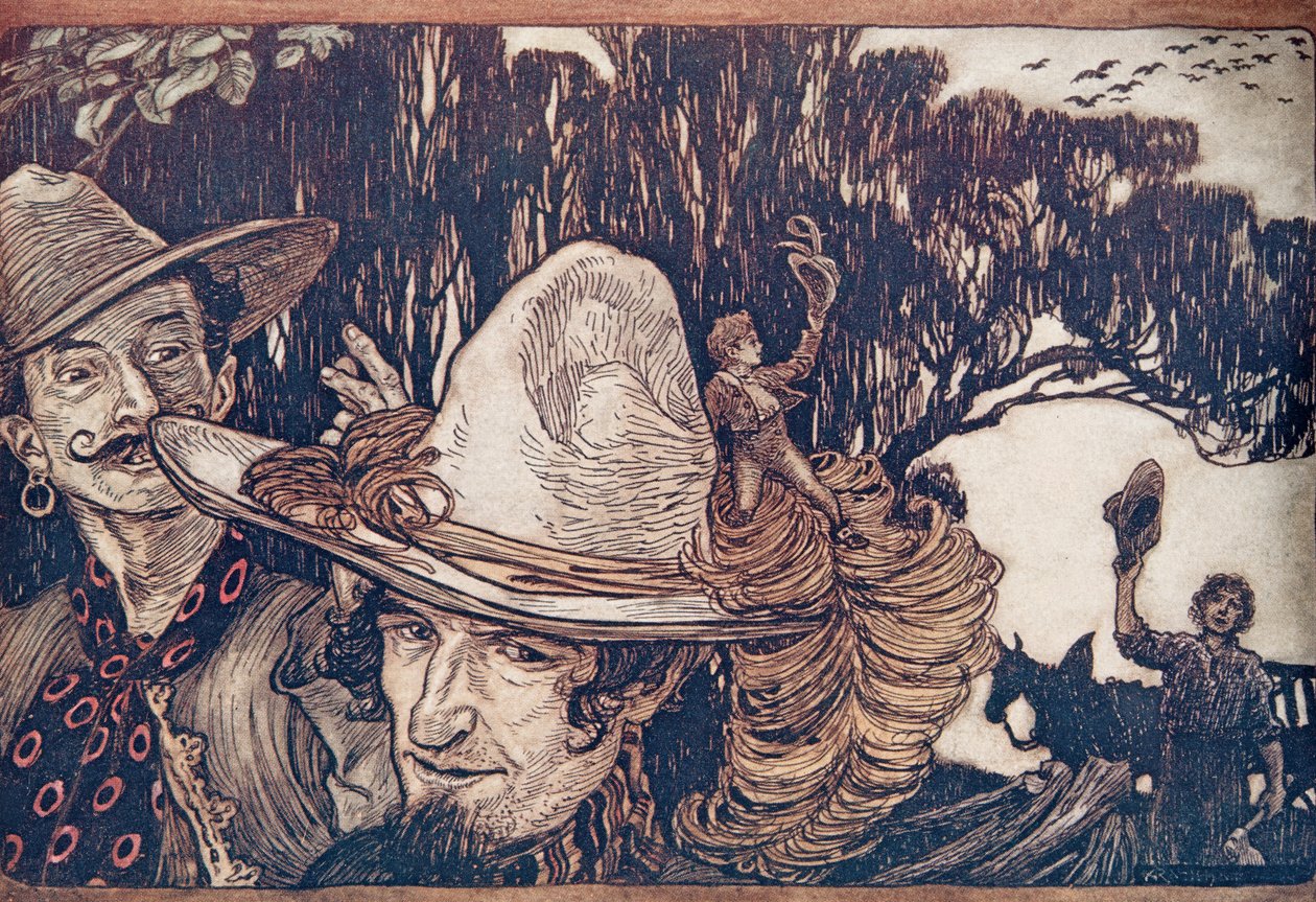 När Tom hade tagit farväl av sin far gick de iväg med honom .. , från Bröderna Grimms sagor, pub. 1909 av Arthur Rackham