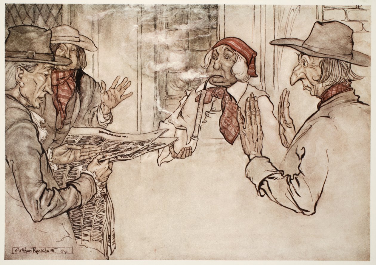 När något missnöjde honom sågs han röka sin pipa häftigt och skicka korta, frekventa och arga bloss., från Rip Van Winkle av Washington Irving, pub. 1910 av Arthur Rackham