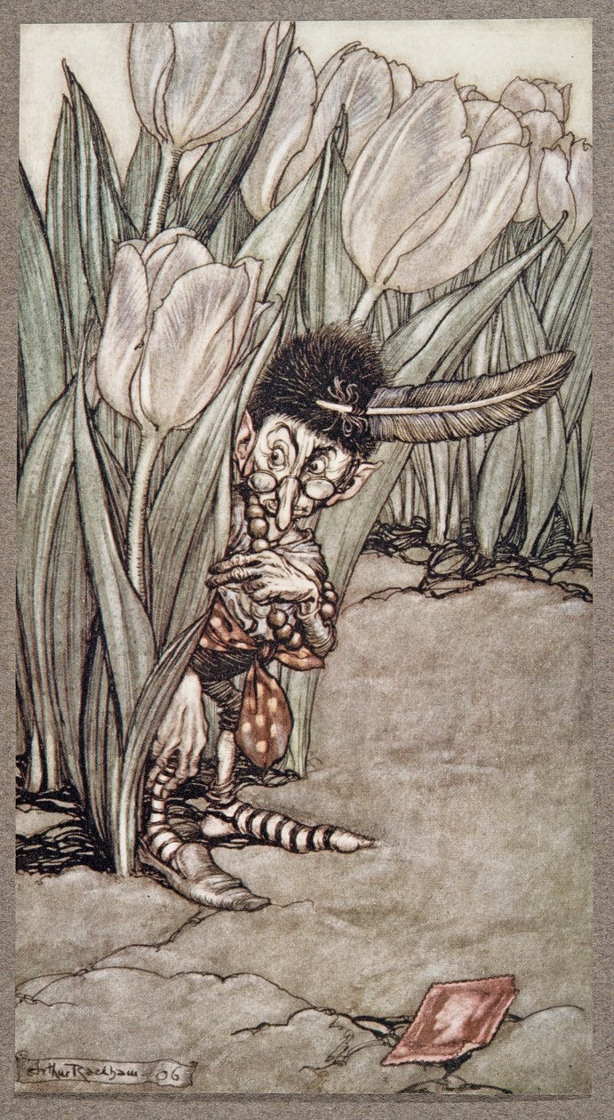 När han hörde Peters röst dök han oroligt bakom en tulpan, från Peter Pan i Kensington Gardens av J M Barrie (1860 - 1937), pub. 1906 av Arthur Rackham