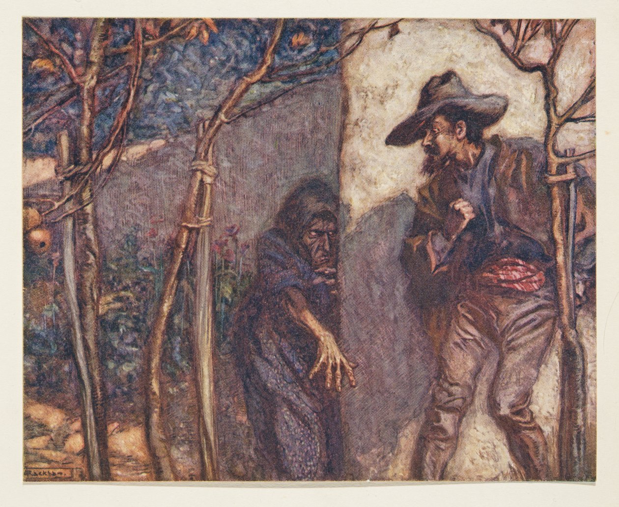 När han gick över muren var han livrädd att se häxan framför sig, från The Fairy Tales of the Brothers Grimm, pub. 1909 av Arthur Rackham