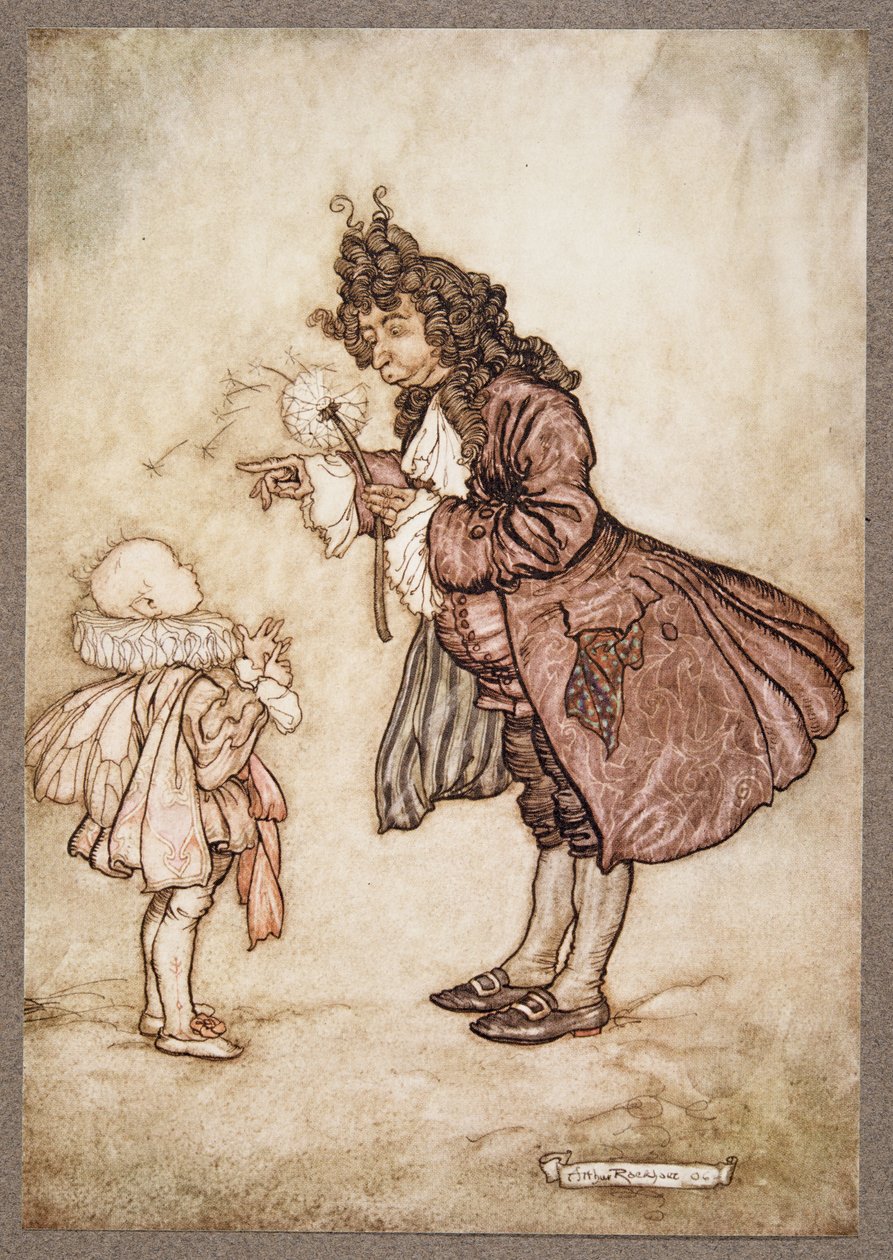 När hennes majestät vill veta tiden, från Peter Pan i Kensington Gardens av J M Barrie (1860 - 1937), pub. 1906 av Arthur Rackham