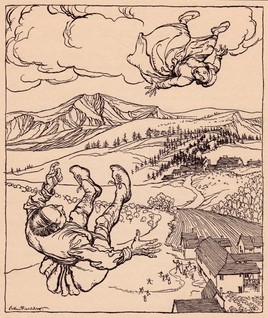 När hennes man såg henne ropade han: Hej! kom till mig här". Illustration av Arthur Rackham från Grimm