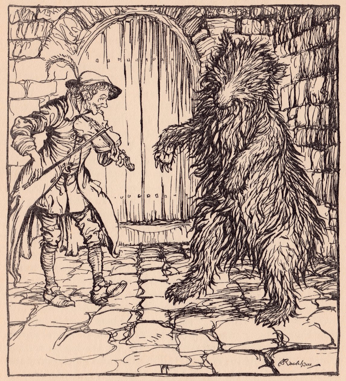 När björnen hörde musiken kunde han inte låta bli att börja dansa. Illustration av Arthur Rackham från Grimm