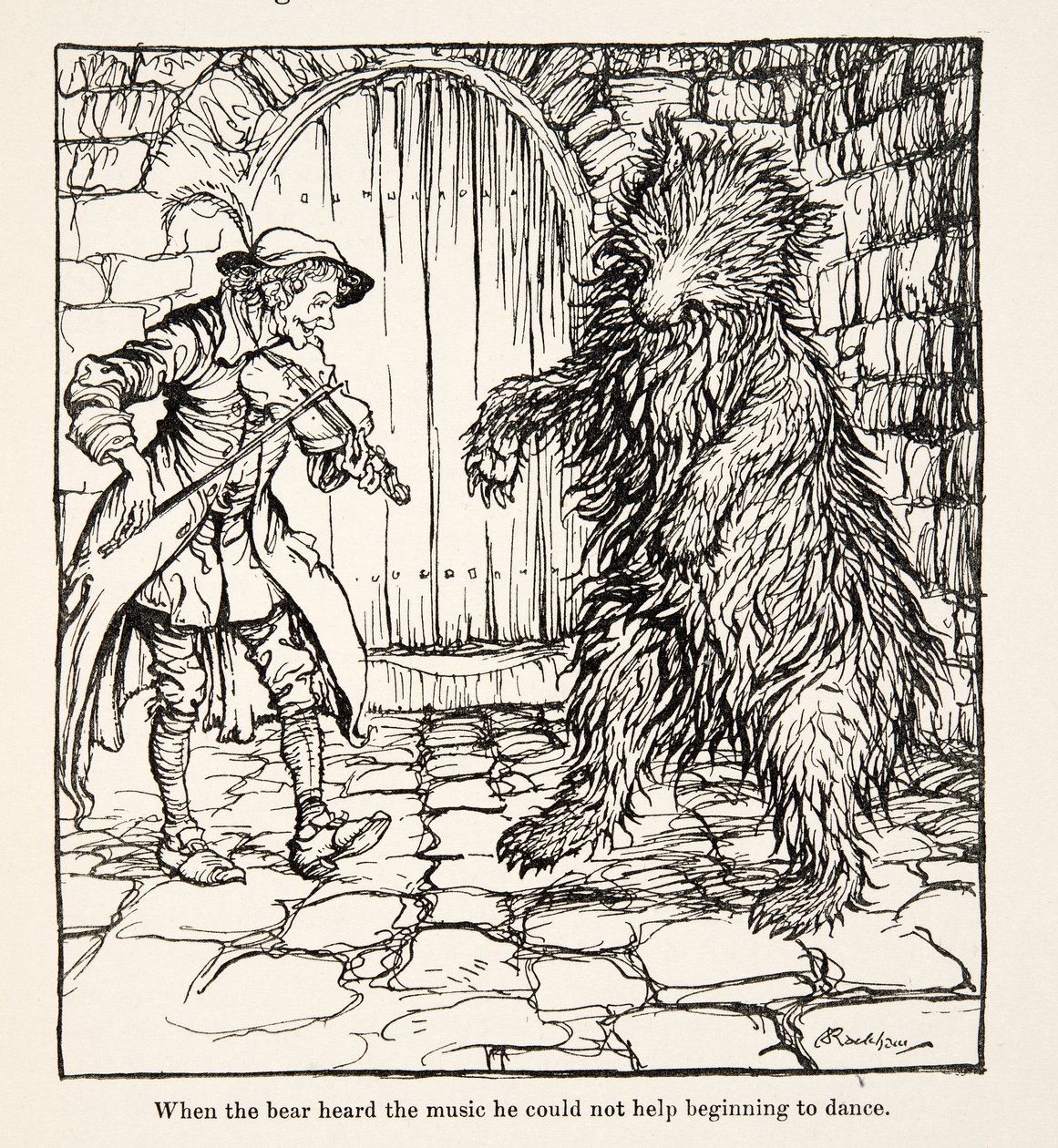 När björnen hörde musiken kunde han inte låta bli att börja dansa, från Little Brother & Little Sister and Other Tales av bröderna Grimm, pub.1917 (litho) av Arthur Rackham