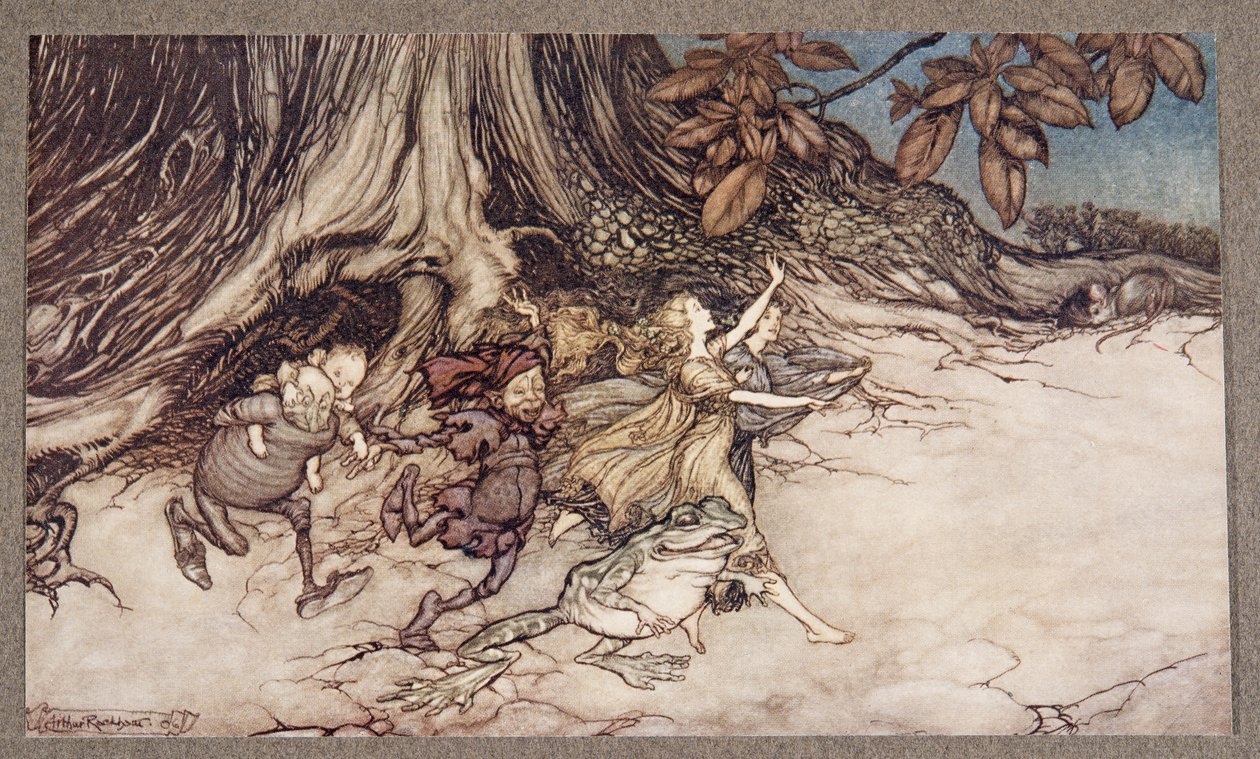 När de tror att du inte tittar hoppar de ganska livligt, från Peter Pan i Kensington Gardens av J M Barrie (1860 - 1937), pub. 1906 av Arthur Rackham