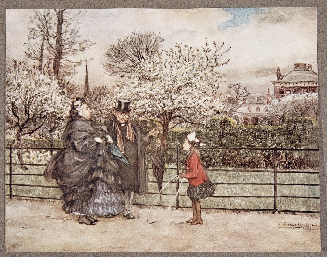 När du möter vuxna människor i trädgårdarna som puffar och blåser som om de trodde att de var större än de är... , från Peter Pan i Kensington Gardens av J M Barrie (1860 - 1937), pub. 1906 (kolo av Arthur Rackham