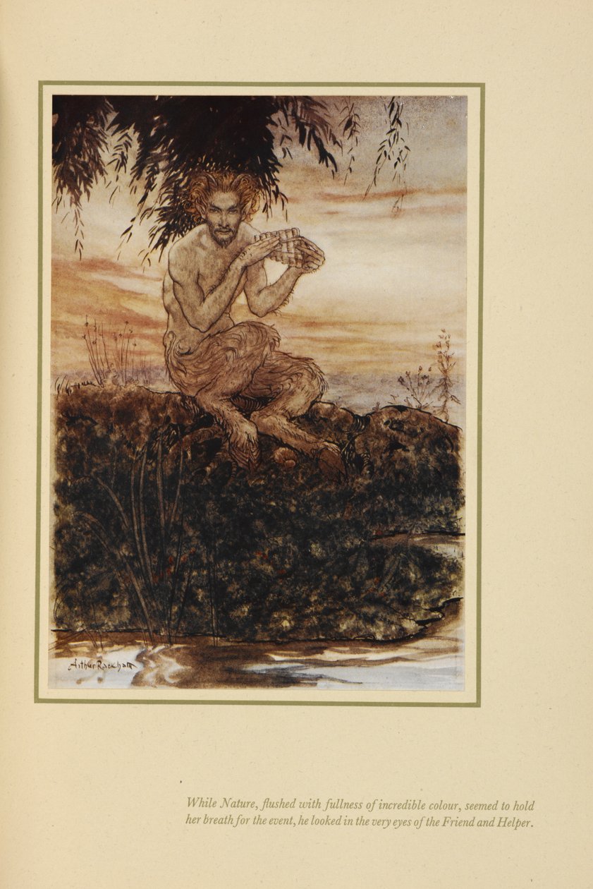 "Medan naturen, rodnad av fyllighet av otroliga färger, verkade hålla andan för händelsen, såg han in i ögonen på vännen och hjälparen". Pan, sittande på en flodstrand. av Arthur Rackham