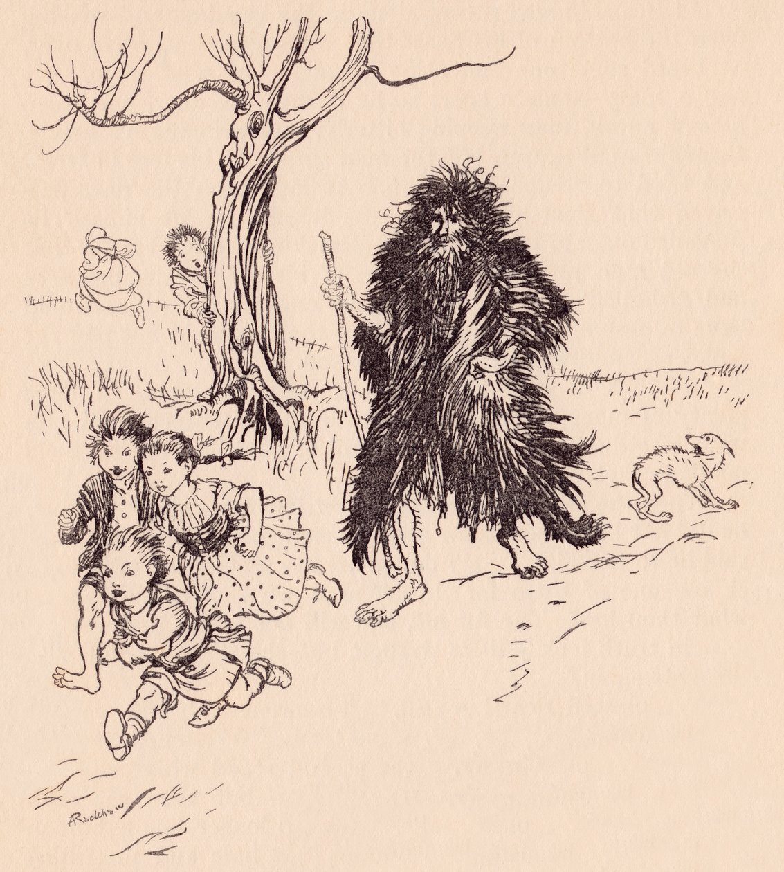 Den som såg honom sprang iväg. Illustration av Arthur Rackham från Grimm