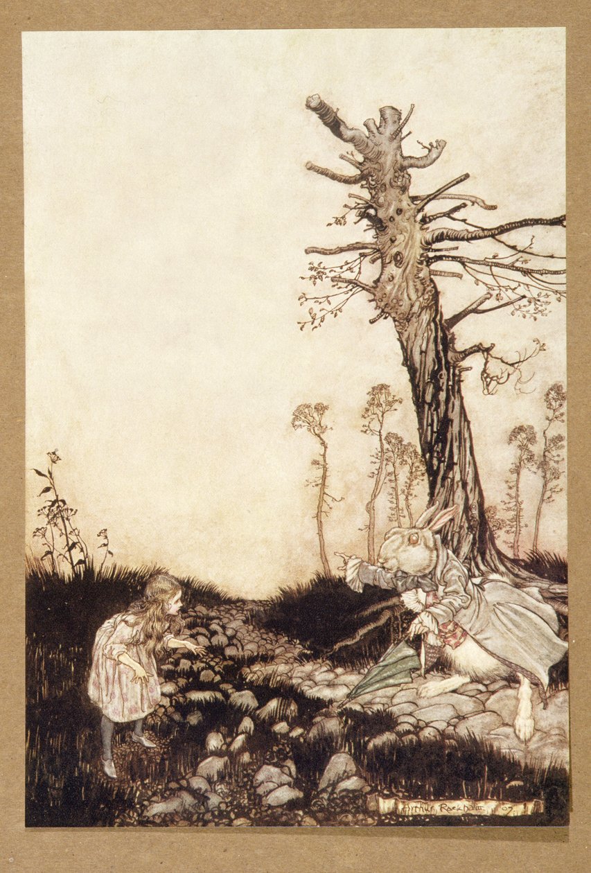 Varför Mary Ann, vad gör du här ute?, från Alices Adventures in Wonderland, av Lewis Carroll, pub.1907 av Arthur Rackham