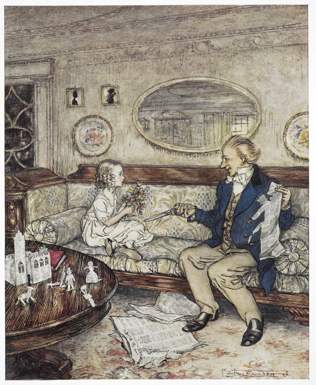 "Varför ser mina blommor så bleka ut idag" ? Färgillustration som visar en ung flicka, Ida, sittande i en soffa med en ung man, en student, som håller i en sax. av Arthur Rackham