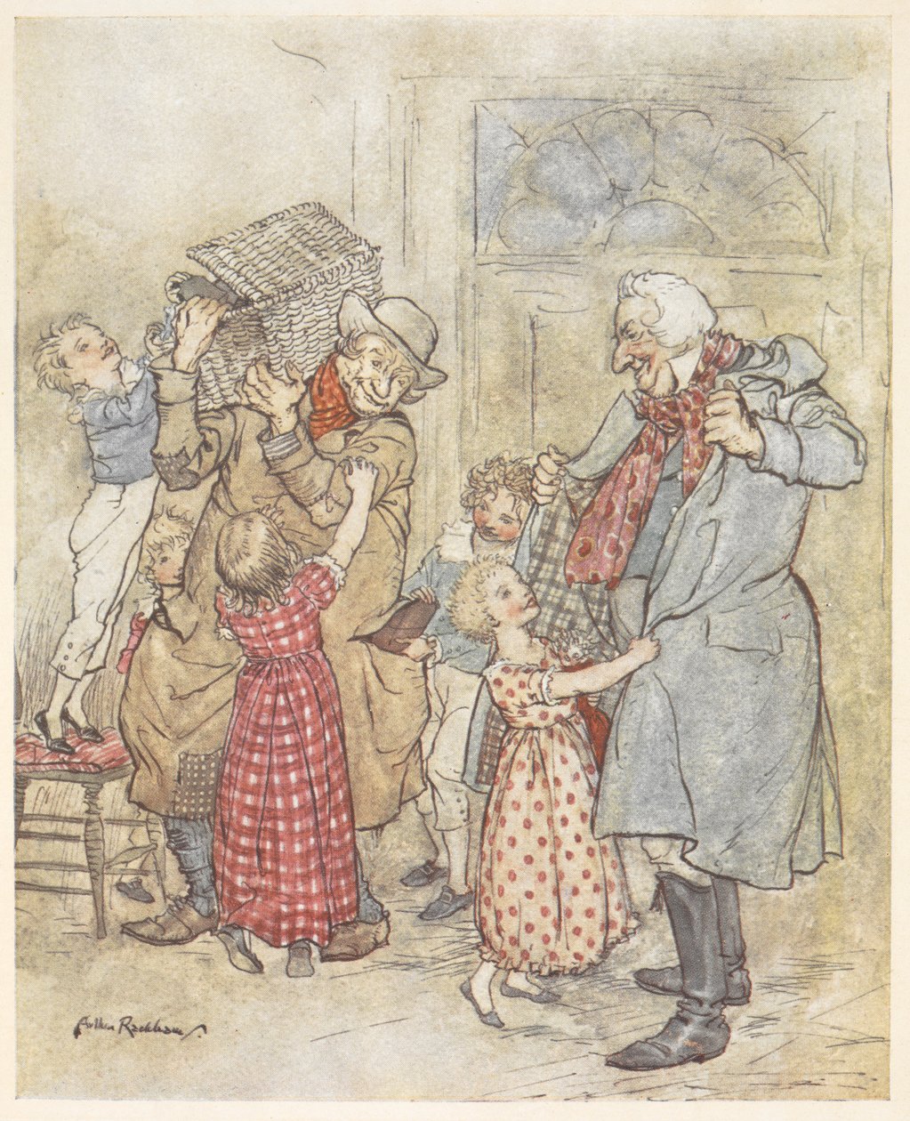 Små barn hjälper två äldre män med sina rockar när de går in i ett hus med julklappar av Arthur Rackham