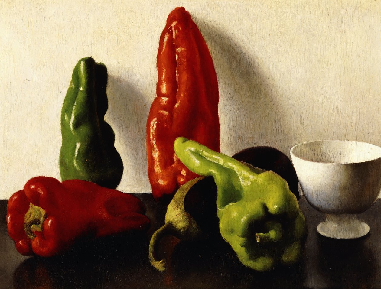 Stilleben med röd och grön paprika av Arthur Segal