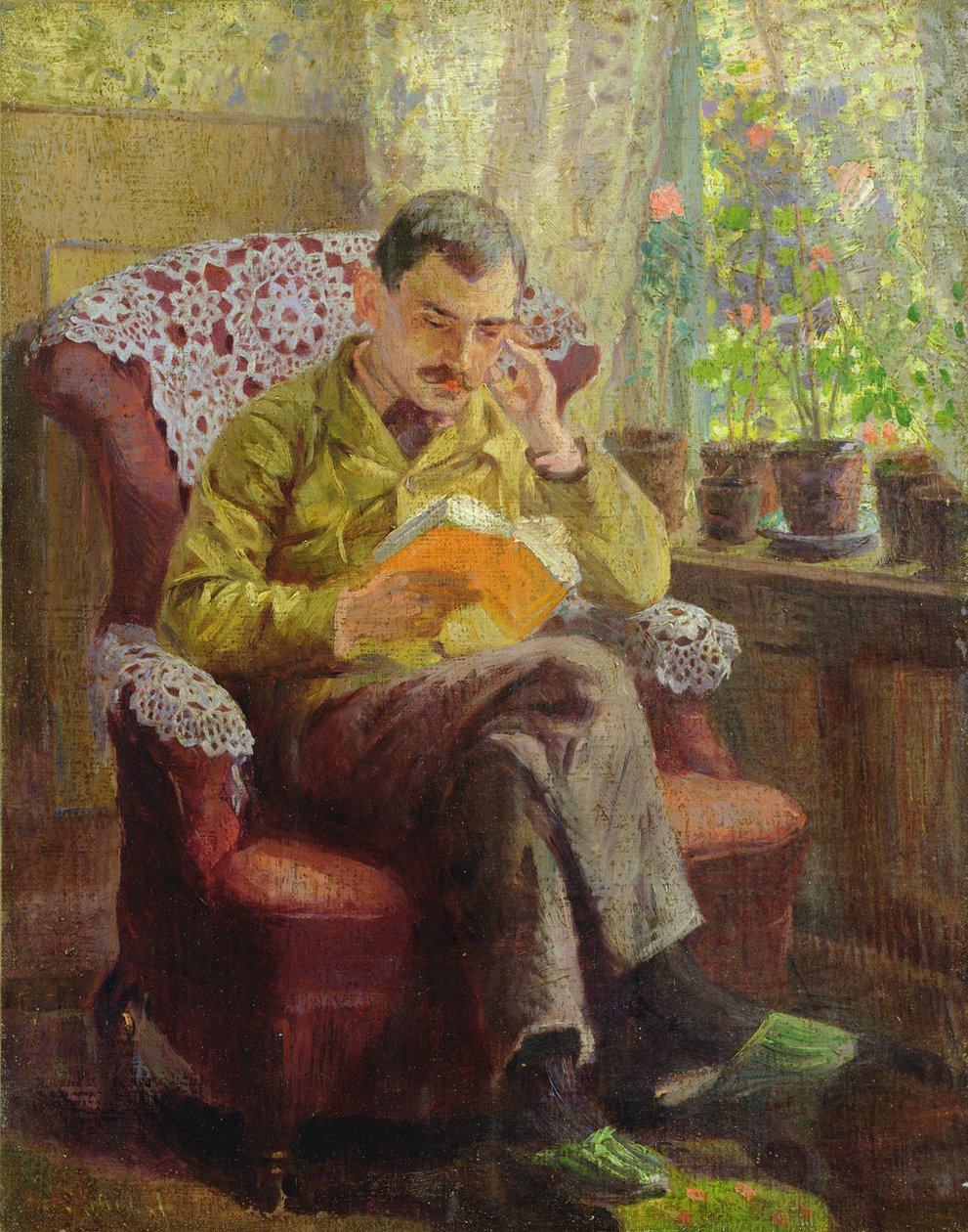 Konstnärens bror sitter vid ett fönster (olja på duk ombord) av Arthur Siebelist