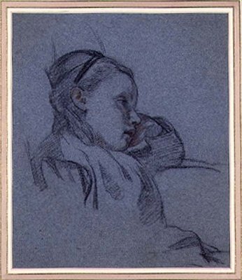 Porträtt av en sittande flicka, ca 1870 (röd och svart krita på blått papper) av Arthur Stocks