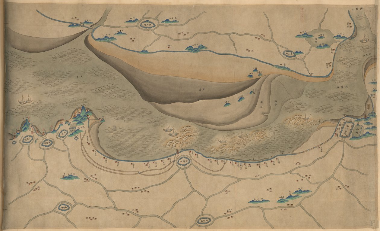 120 000. levereras. Orienterad med norr till botten. Relief visad bildmässigt. Bildkarta. Hummel köp 1930, nr. 34. Visar området längs Qiantangfloden, särskilt delen av Hangzhoubukten i Zhejiangprovinsen. Finns även via biblioteket o av Arthur W. Hummel
