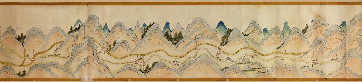 16 000. levereras. Orienterad med norr till höger. Relief visad bildmässigt. Fågelperspektiv. Täcker Wei River i Baoji Xian, Shanxi Sheng till Shu Dao i Shanxi-Sichuan gränsen. Visar bosättningar, rastplatser, stationer, värdshus, tempel, bergspass, walle av Arthur W. Hummel